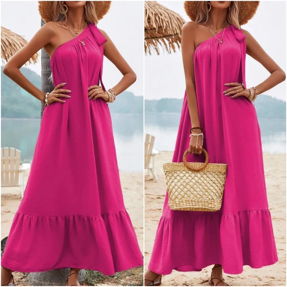 Solid One Shoulder Tie Ruffle Hem Maxi Dress - Picture 2 of 6